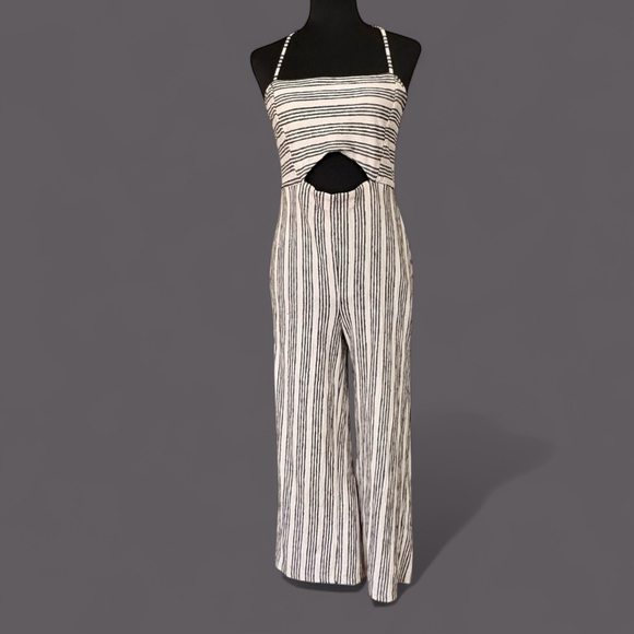 Bershka Pants - Bershka Cream Black Striped Wide Leg Jumpsuit Medium